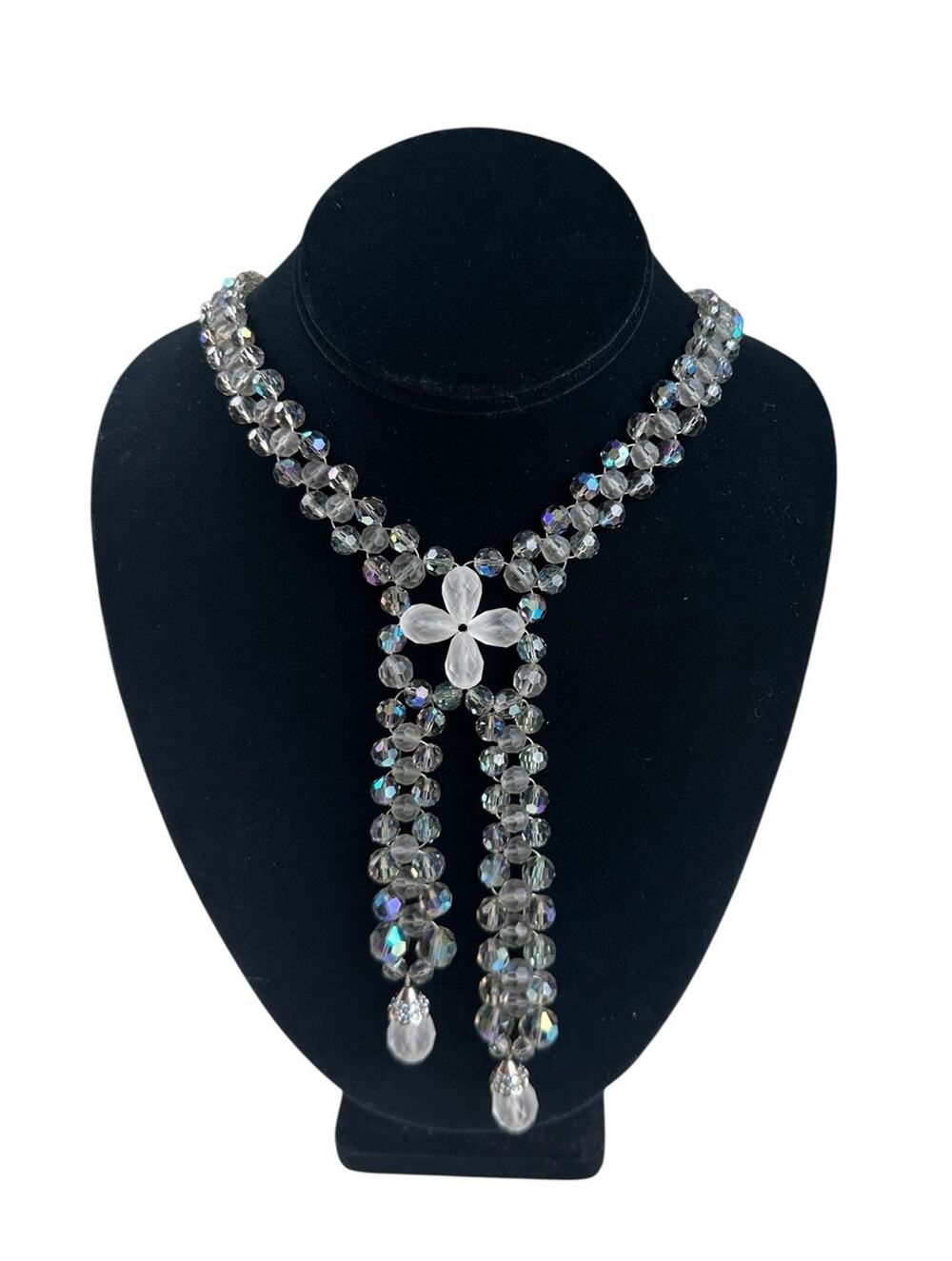 Vintage Signed Swarovski AB Crystal Lariat Necklace Frosted Flower Y Drop Rare